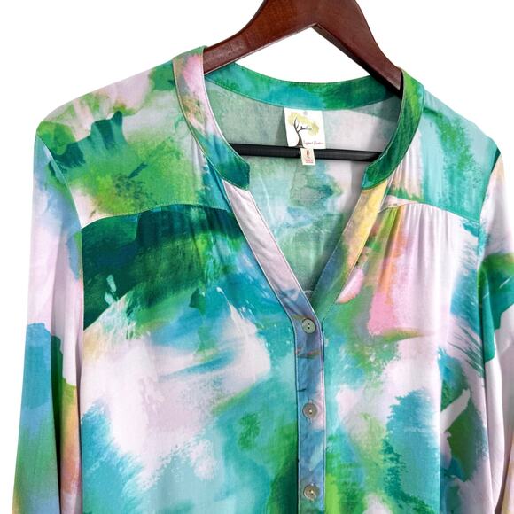Anthropologie Fig & and Flower Large Pink Green Tropical Beach Blouse Shirt Top - Picture 3 of 8